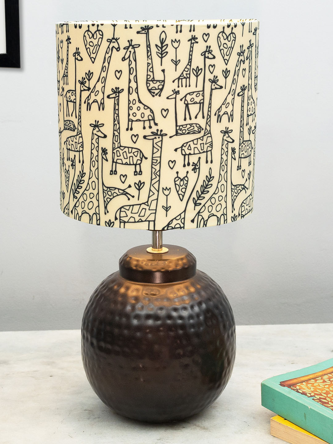 Homesake Ginger Jar Beige & Black Printed Table Lamp With Hammered Antique Metal Base
