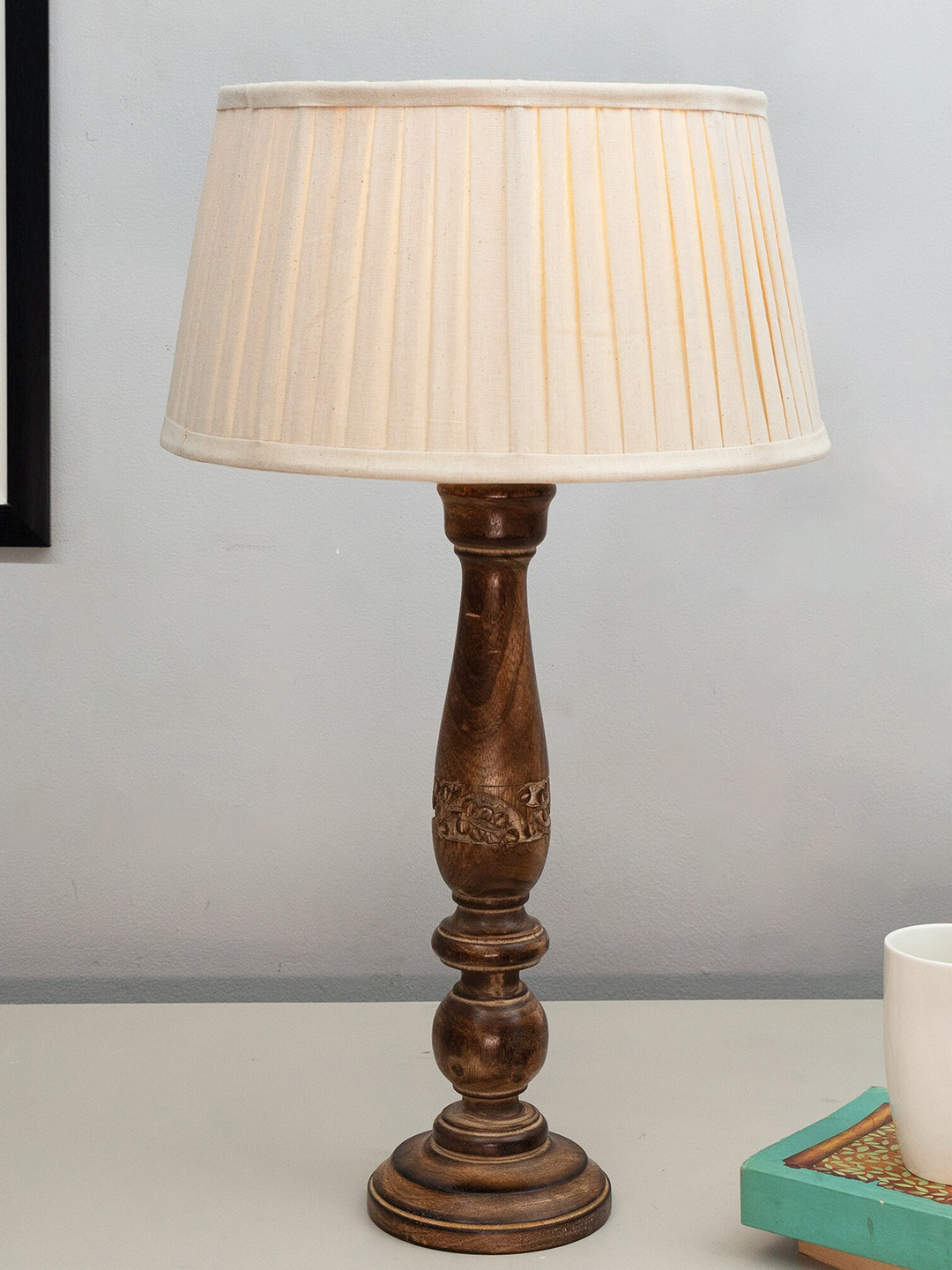 Homesake Off-White & Brown Mable Antique Wooden Table Lamp with Empire Pleated Shade
