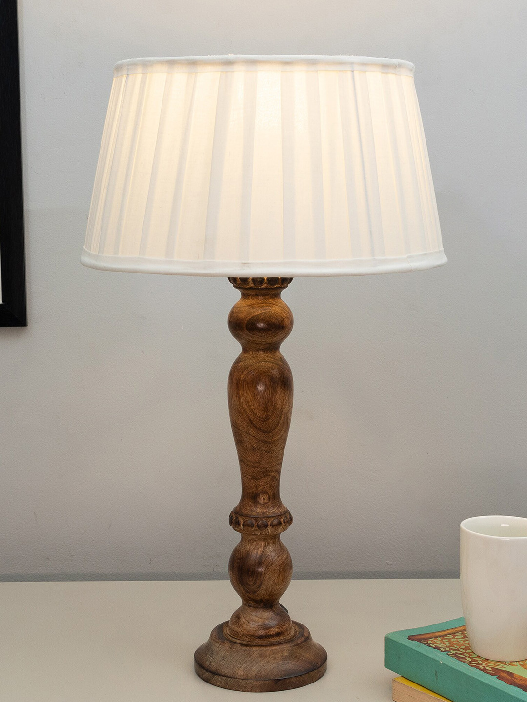 Homesake Eureka Polka White & Brown Table Lamp With Wooden Base & Pleated Shade
