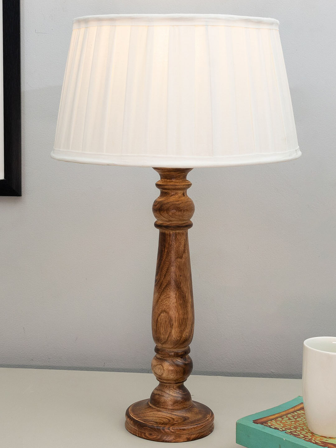 Homesake Off-White Floral Carved Rustic Wooden Table Lamp With Empire Pleated Shade