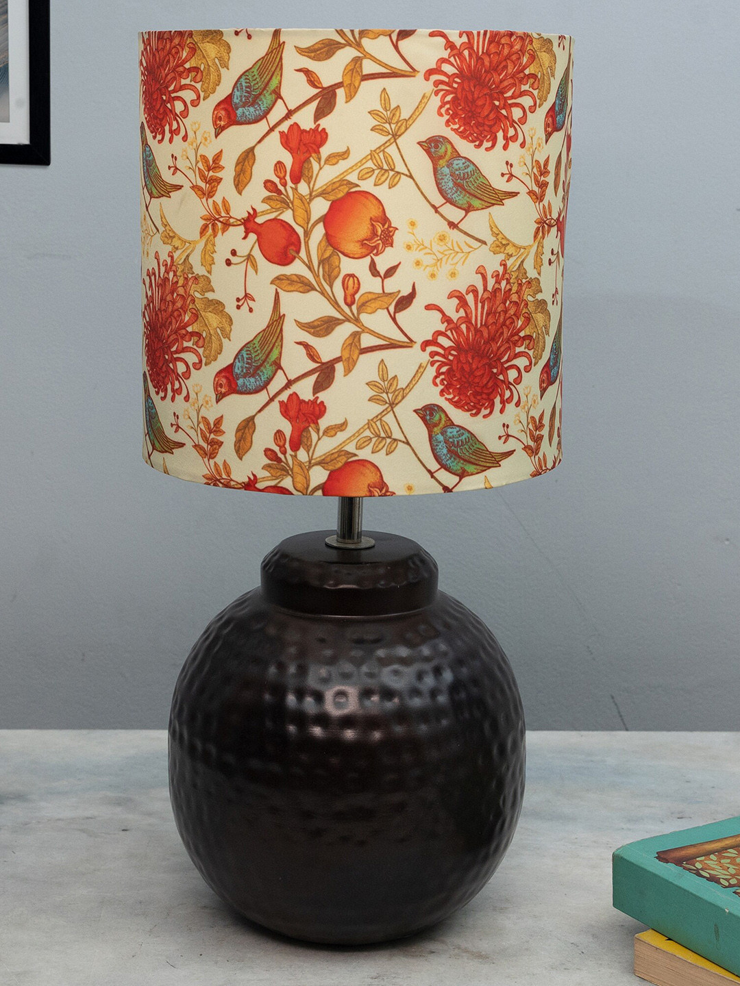 Homesake Red & Beige Printed Antique Table Lamp With Hammered Metal Base