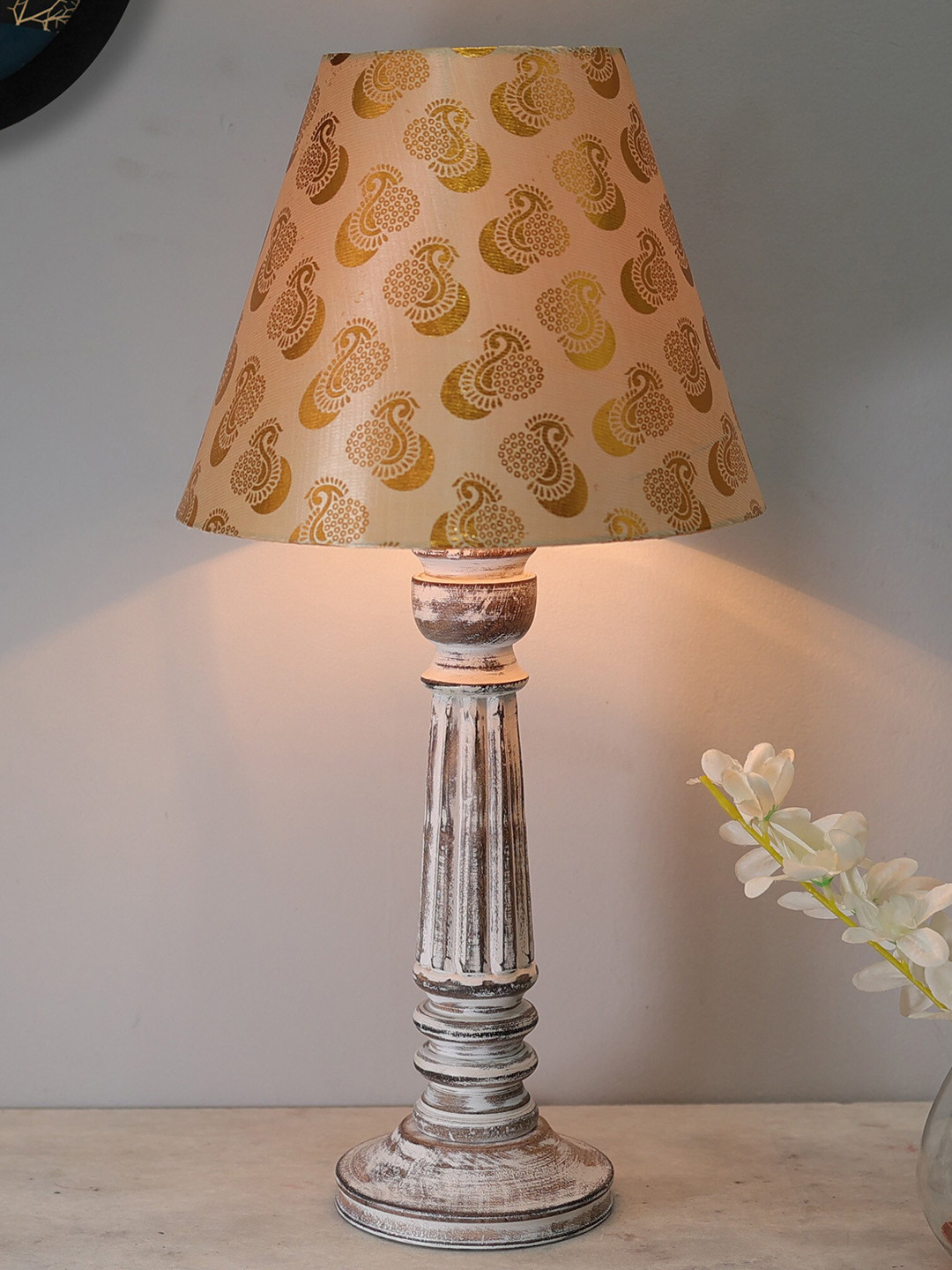 Homesake Beige & Yellow Traditional Wooden Table Lamp With Peacock Printed Shade