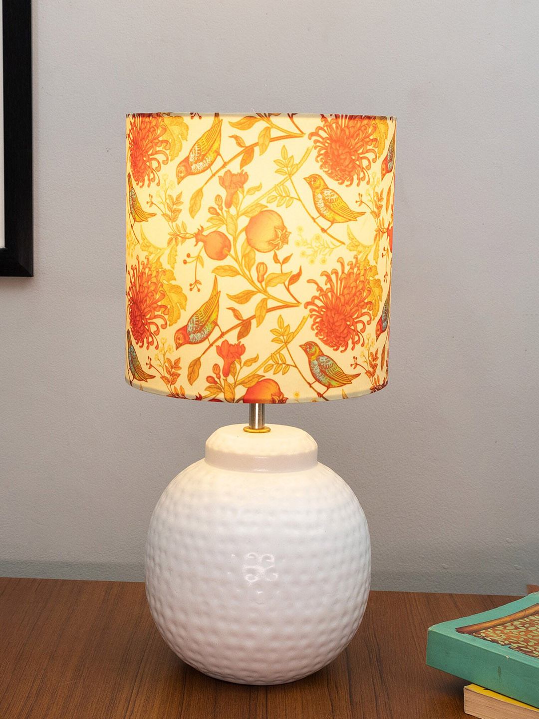 Homesake Ginger Jar Red & White Birds& Trees Printed Antique Table Lamp With Hammered Metal Base