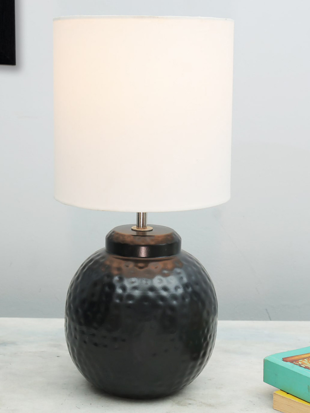 Homesake Ginger Jar White & Black Antique Matte Finish Metal Table Lamp With Drum Shade