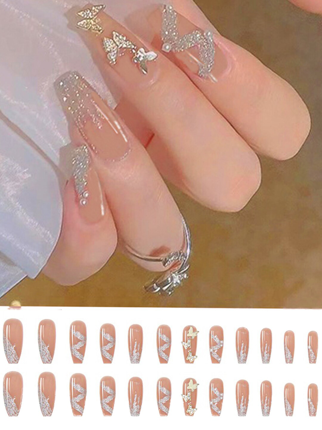 Secret Lives Nude 3D butterfly with Glitter Fake Nails - 24 Pieces