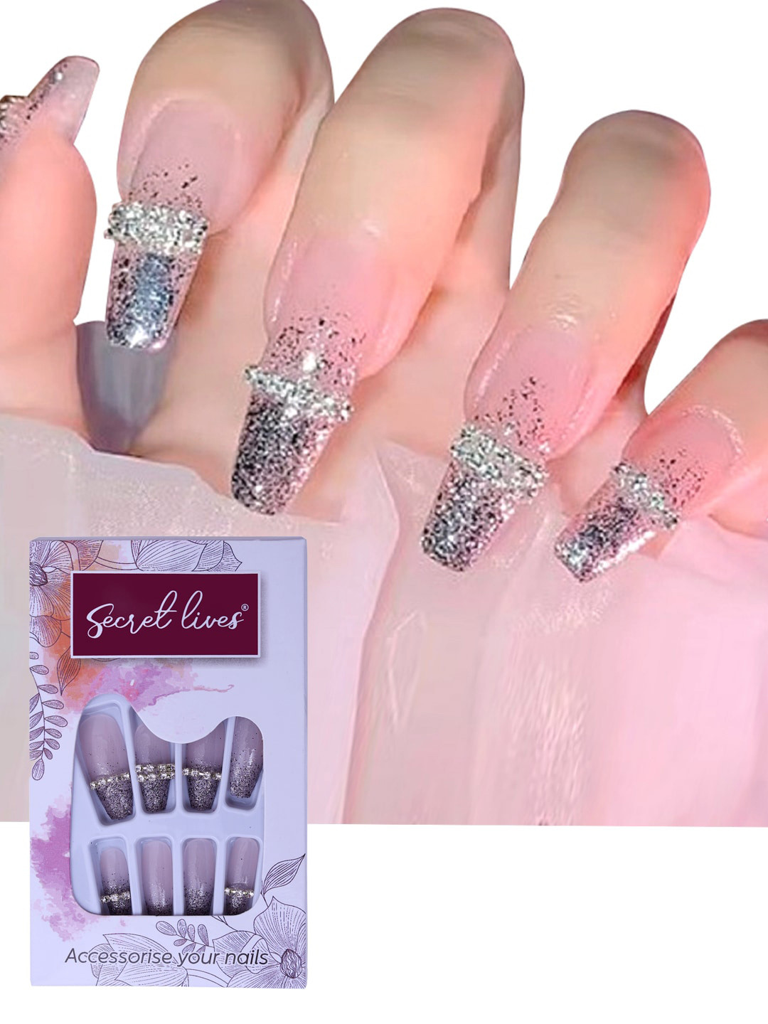 Secret Lives Translucent 24 Pieces Glitter Ring Stud Fake Nails - Pink