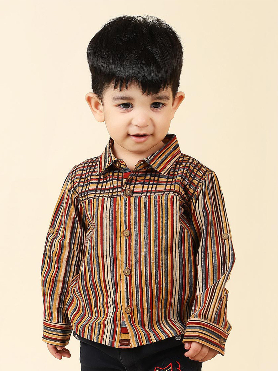 Fabindia Boys Roll-Up Sleeves Striped Casual Cotton Shirt