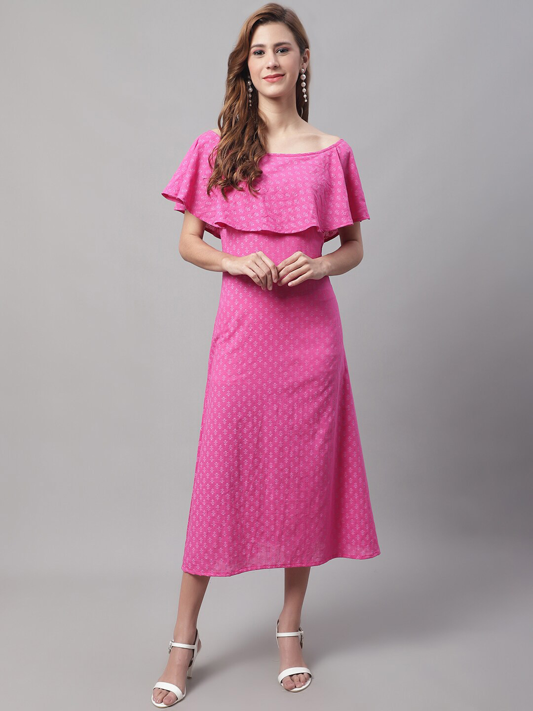 Enchanted Drapes Cotton Floral Off-Shoulder A-Line Midi Dress