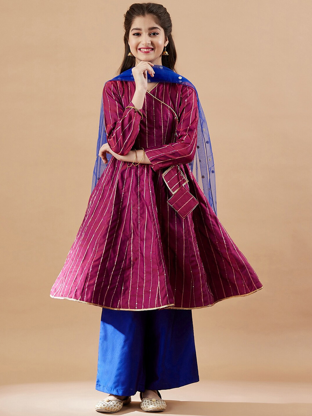 Cherry & Jerry Girls Striped V Neck Sequinned Kurta with Trousers & Dupatta