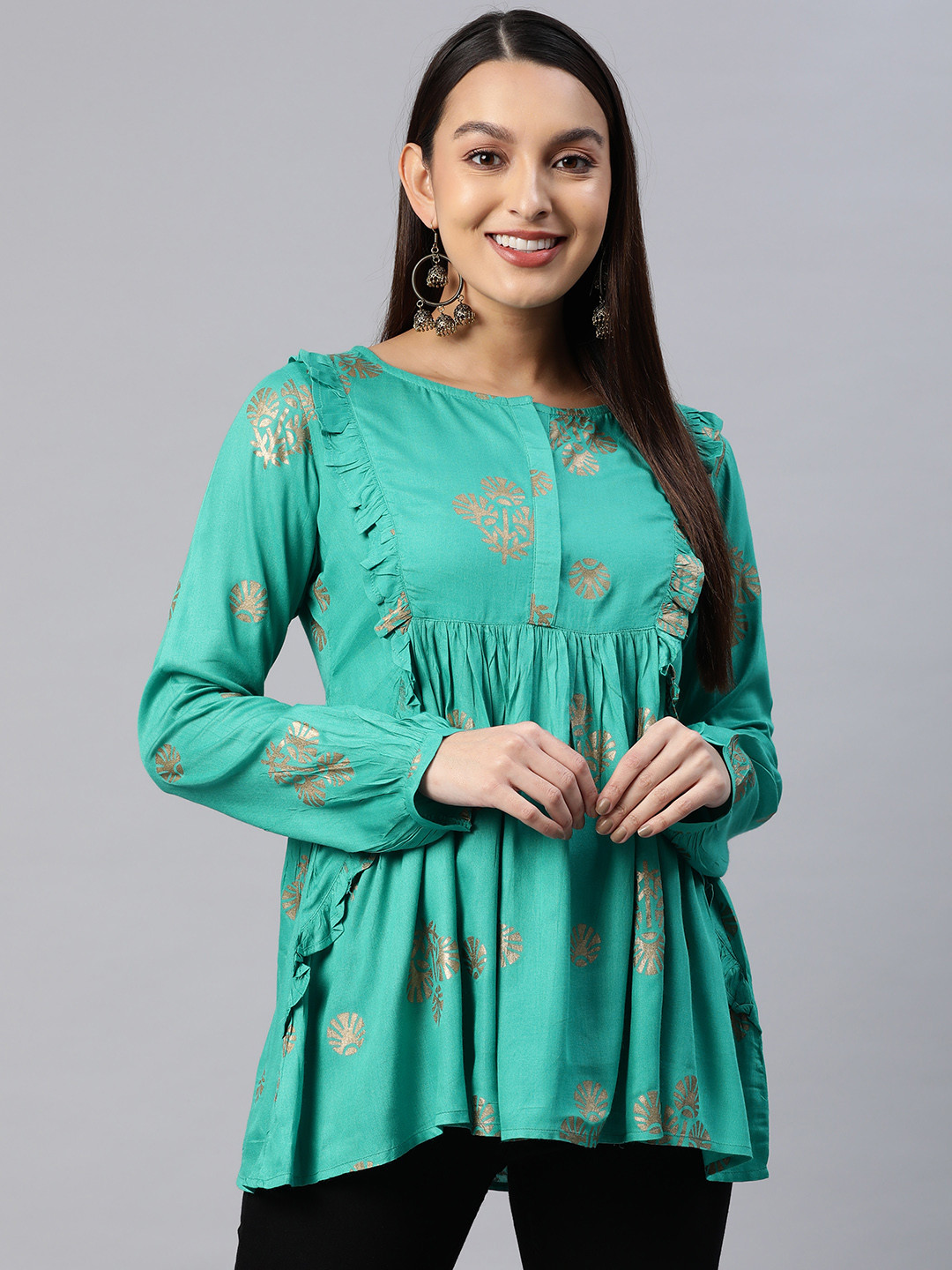MBE Woman Floral Print Ruffles Block Print Peplum Top