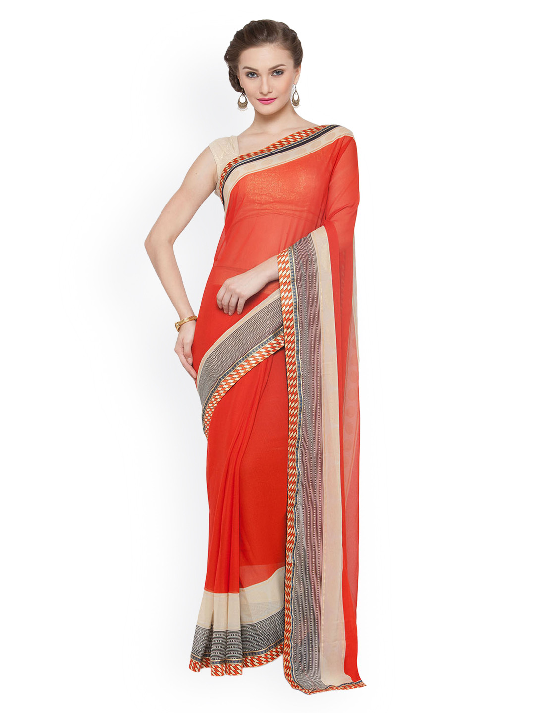 Kvsfab Red Printed Poly Georgette Saree