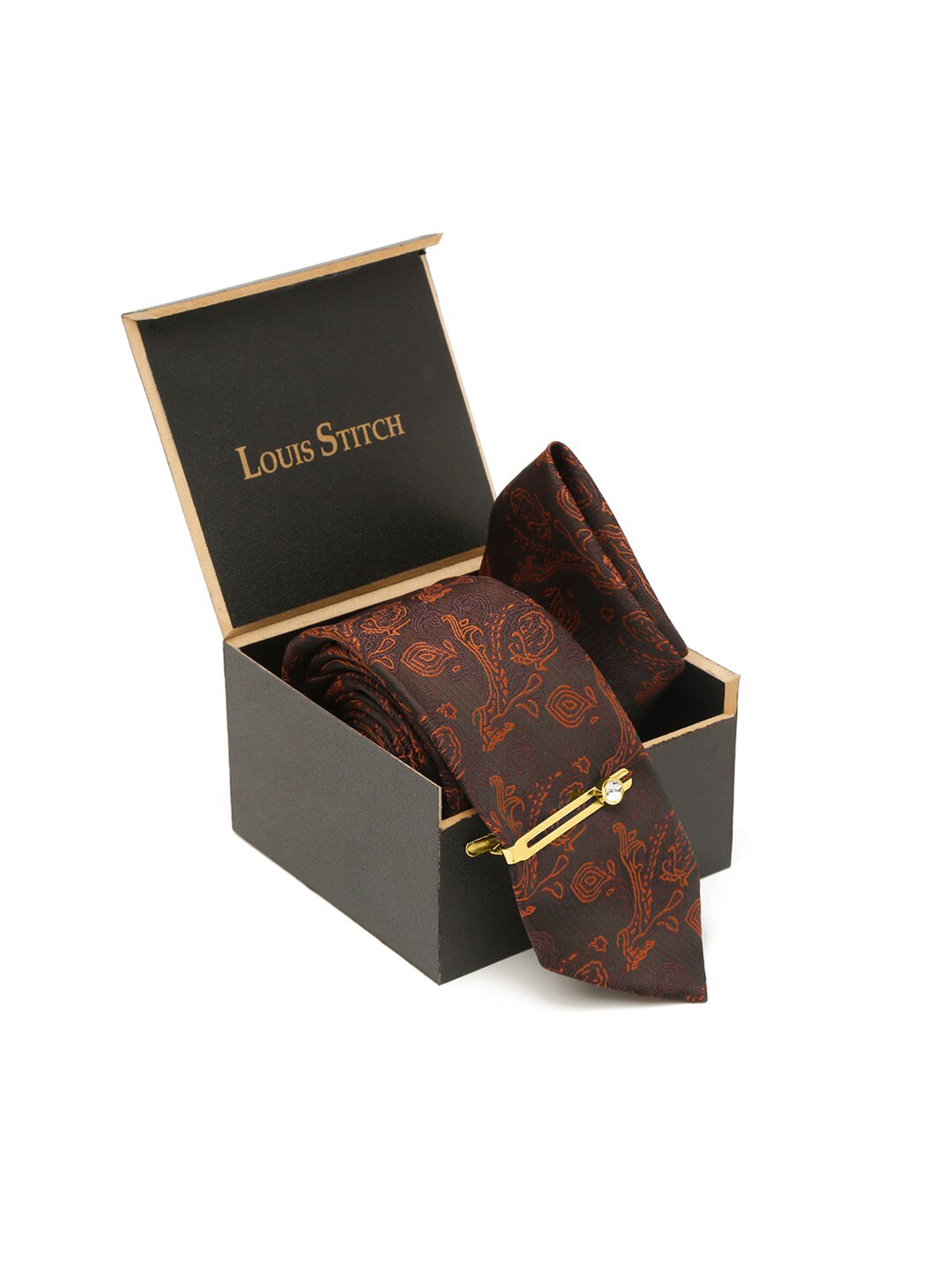LOUIS STITCH Men Coffee Brown Italian Silk Necktie Accessory Gift Set