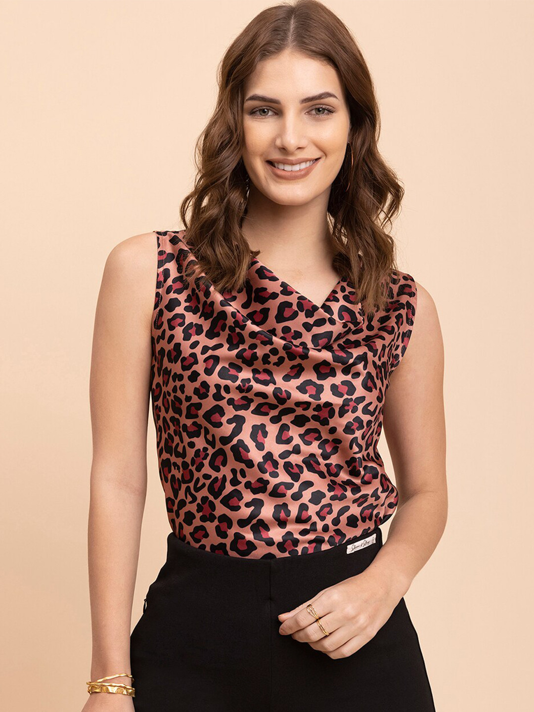 FableStreet Animal Print Cowl Neck Pink Top