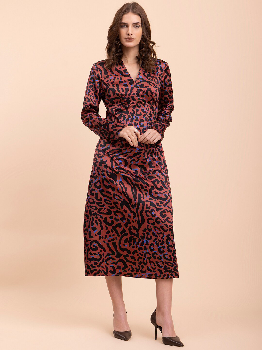 FableStreet Animal Printed Shirt Collar Satin Midi Dress