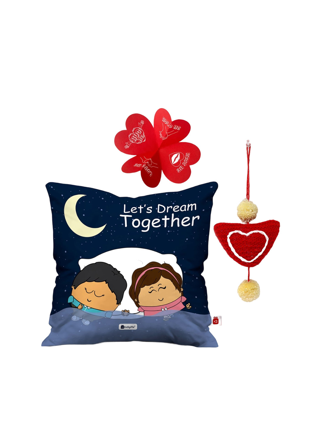 Indigifts Blue and White Graphic Pre-Filled Cushion with Filler and Heart Hanging Blue