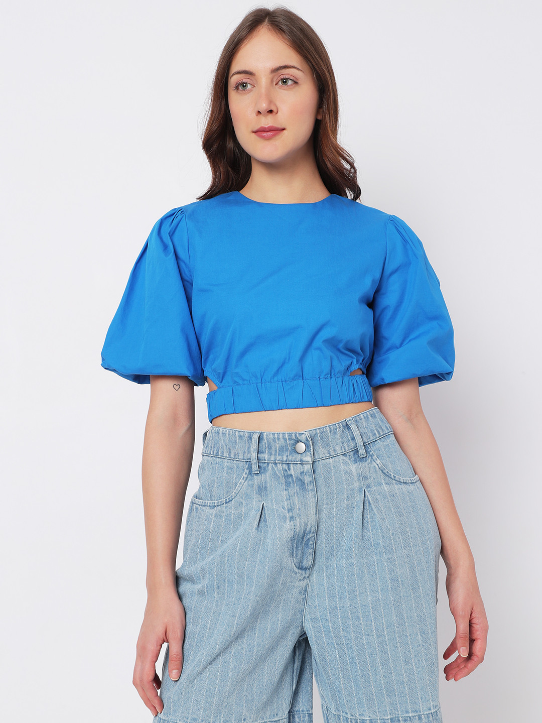 Vero Moda Blue Indigo Cinched Waist Crop Top
