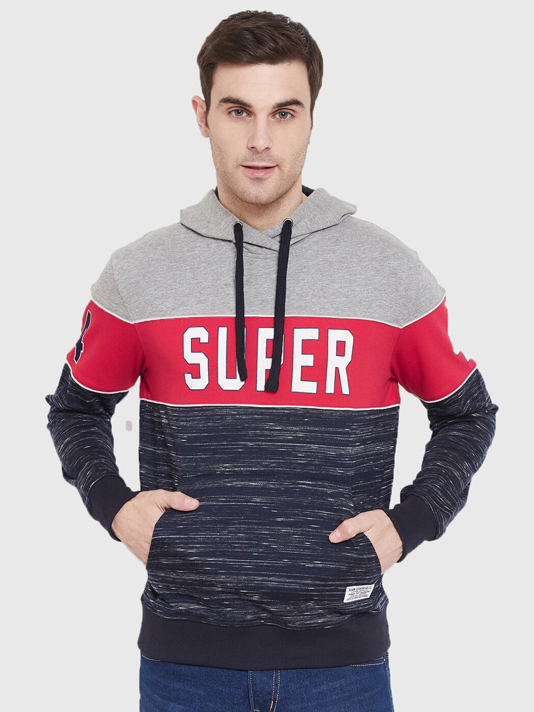 Y&I Men Colourblocked Hooded Cotton Sweatshirt