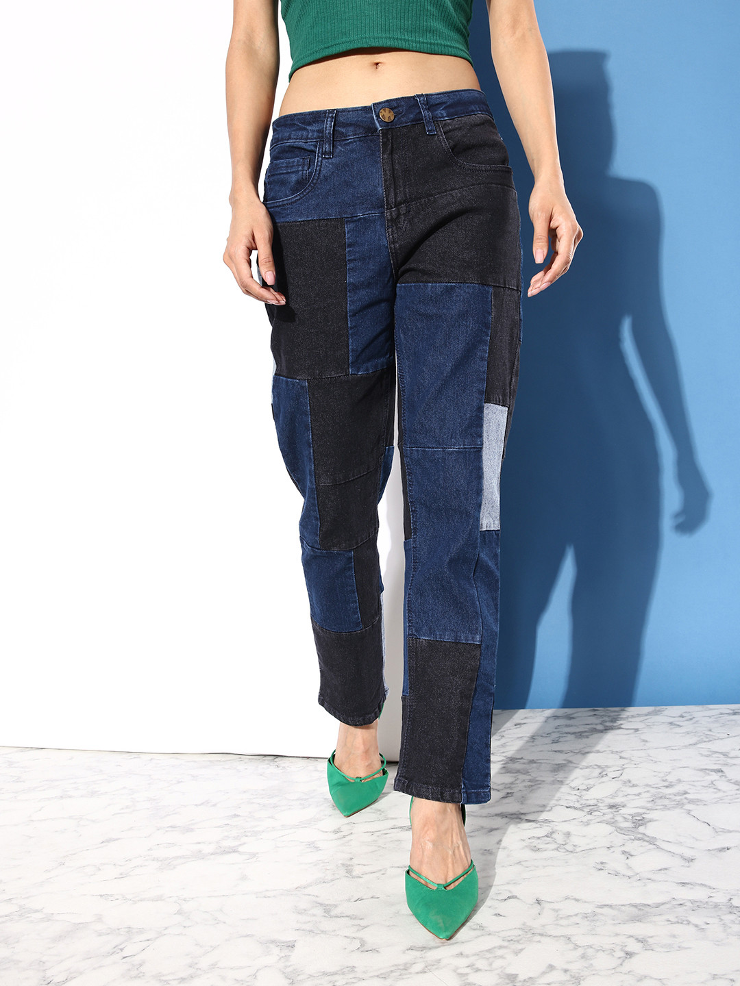 Kook N Keech Women Cool Blue Straight Fit Colourblocked Stretchable Upgraded denims Jeans