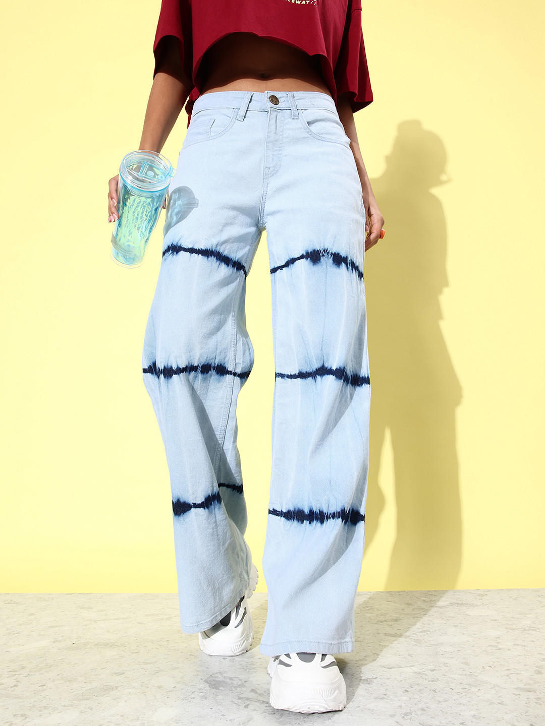 Kook N Keech Women Wide Leg Light Acid Wash Ombre & Tie Dye Stretchable Jeans