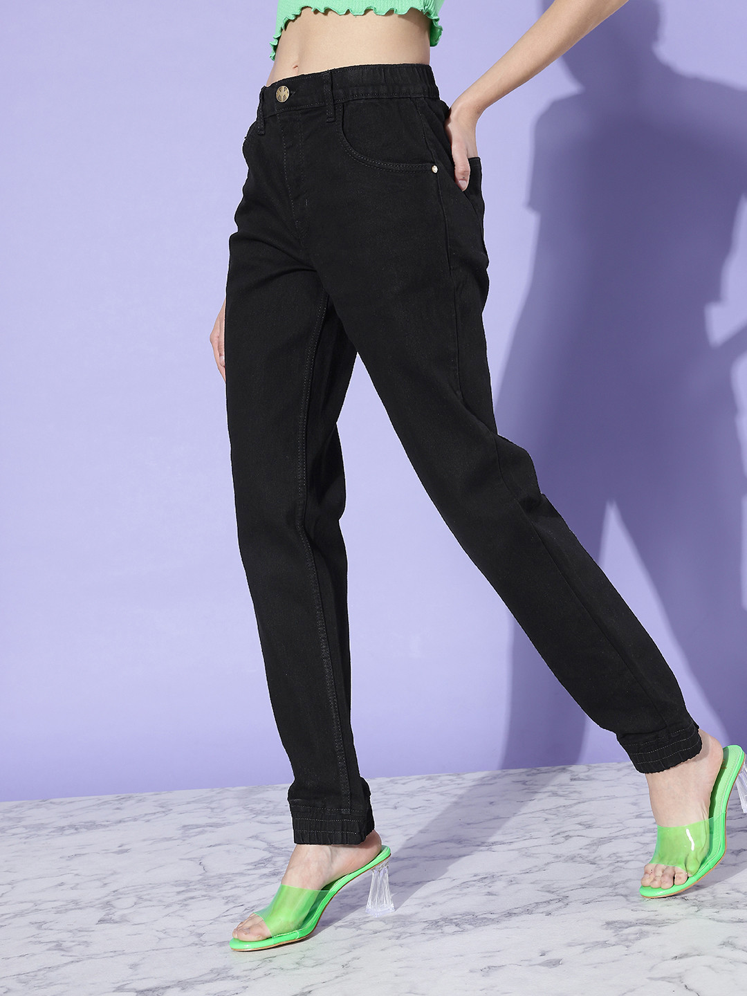 Kook N Keech Women Jet Black Jogger Fit Stretchable Vacay Chill Graphic High Jeans