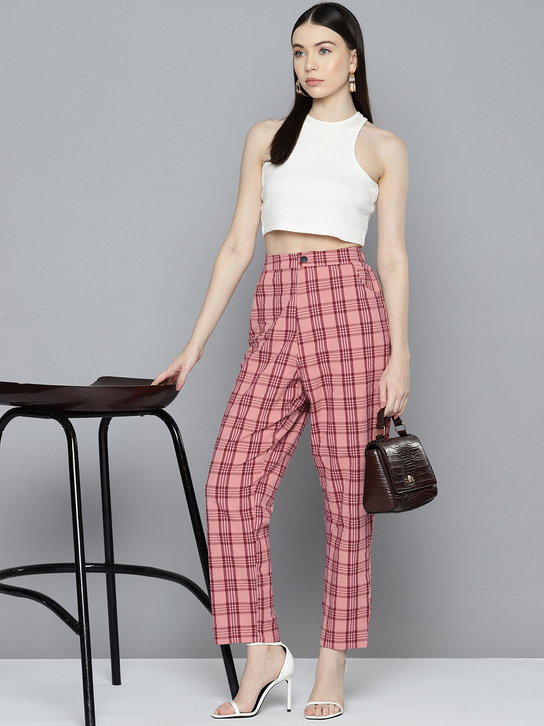 Chemistry Women Pure Cotton Seersucker Checked Trousers
