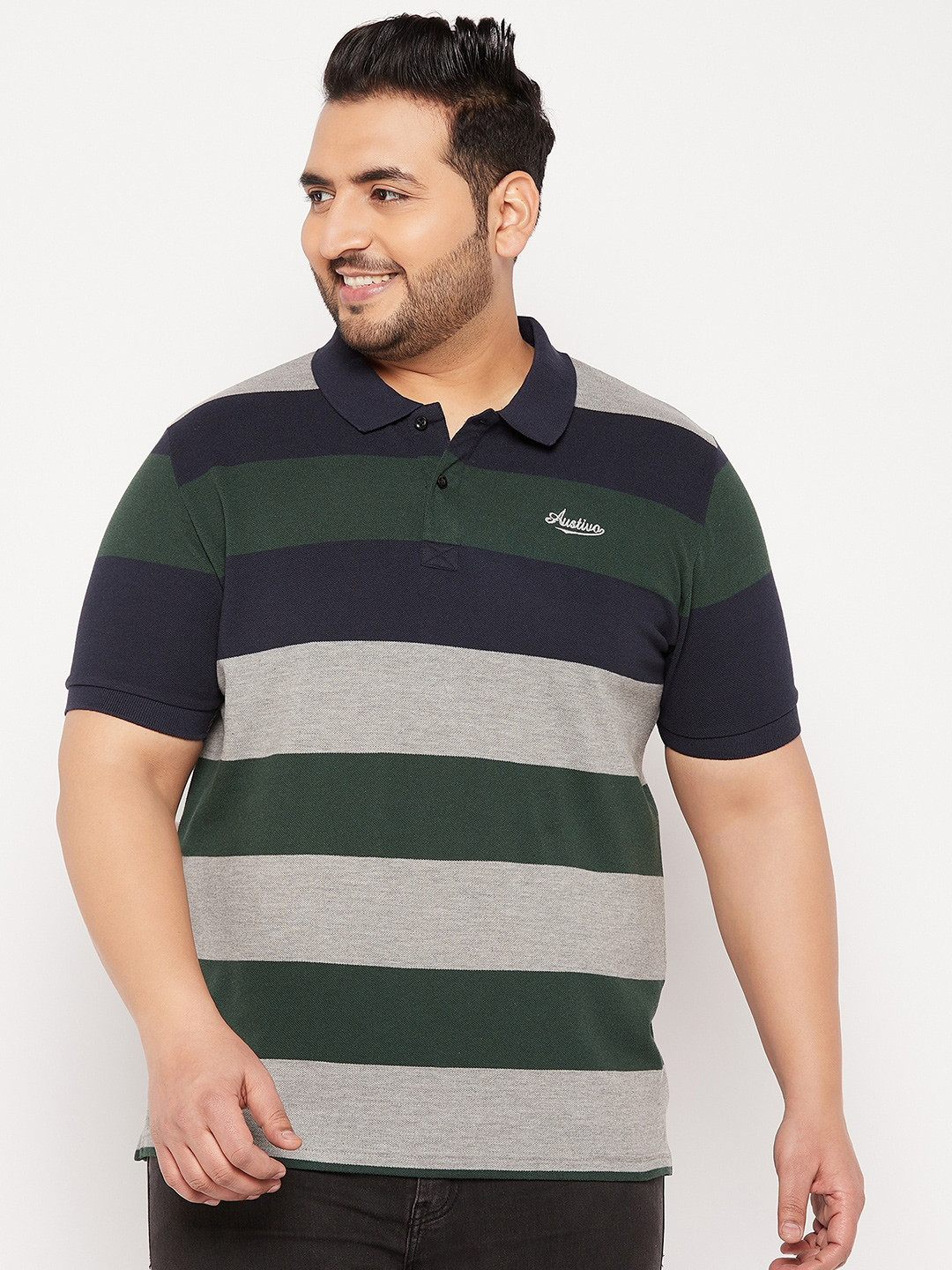 AUSTIVO Men Plus Size Striped Polo Collar T-shirt