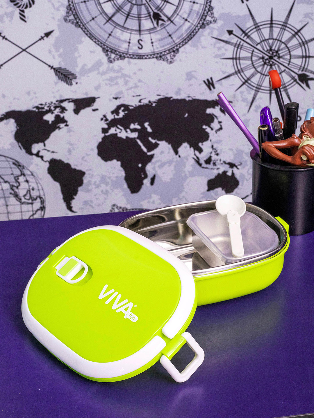 VIVA h2o Green Solid Plastic Dishwasher Safe 2PCs Lunch Box With Spoon and Fork