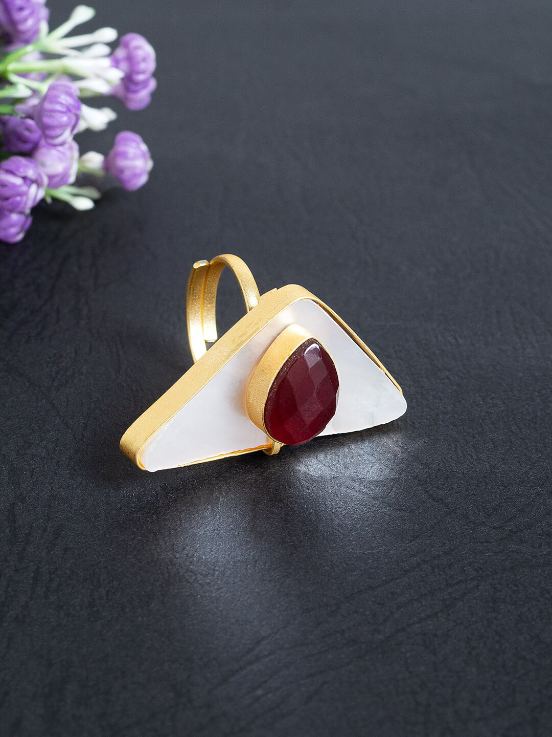 Golden Peacock Gold Plated Red Monalisa MOP Finger Ring