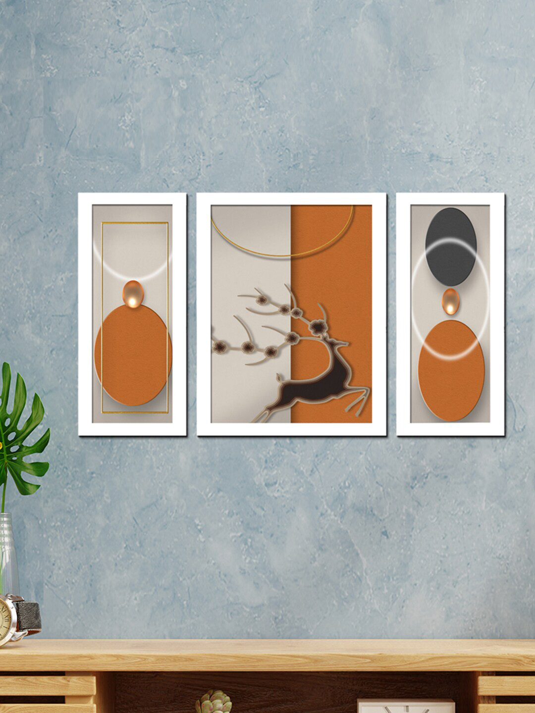 WENS Set Of 3 White & Brown Abstract Framed Wall Painting