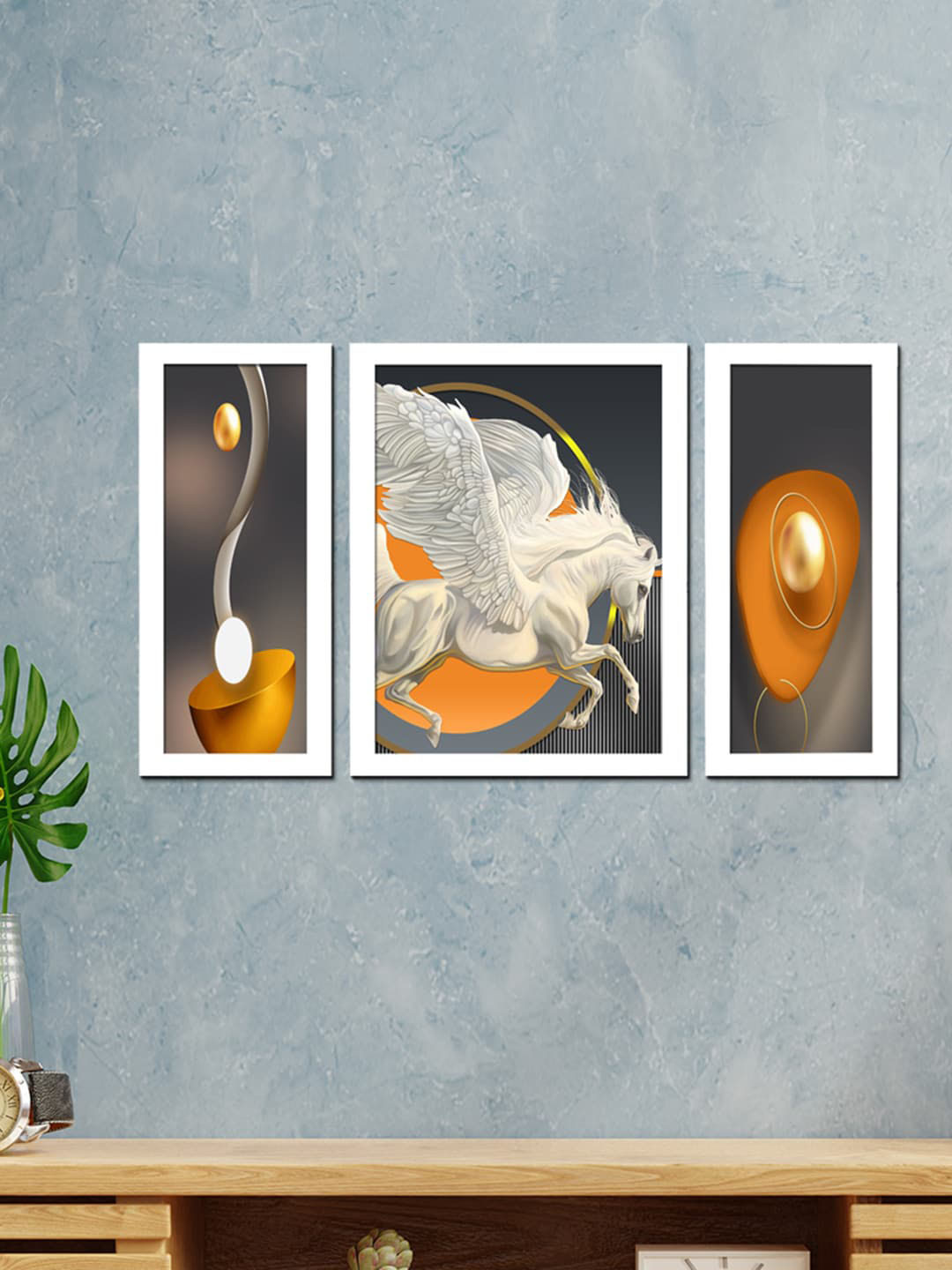 WENS Set Of 3 White & Brown Vastu Flying Horse Abstract Painting Wall Art