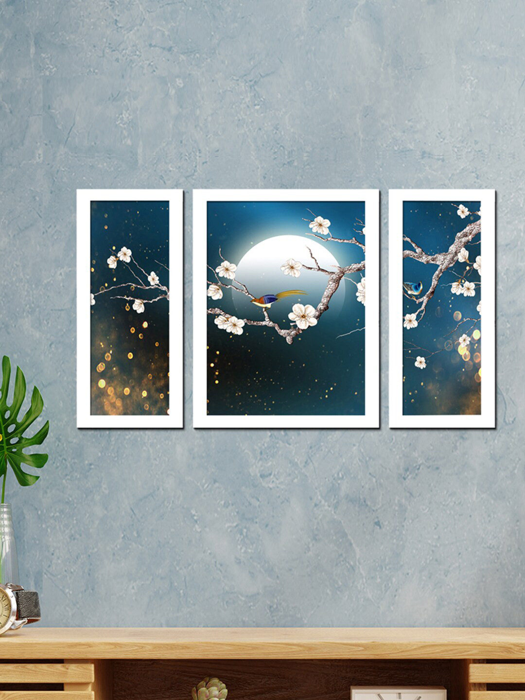 WENS Set Of 3 White & Blue Birds On Tree In Moon Light Painting Wall Art