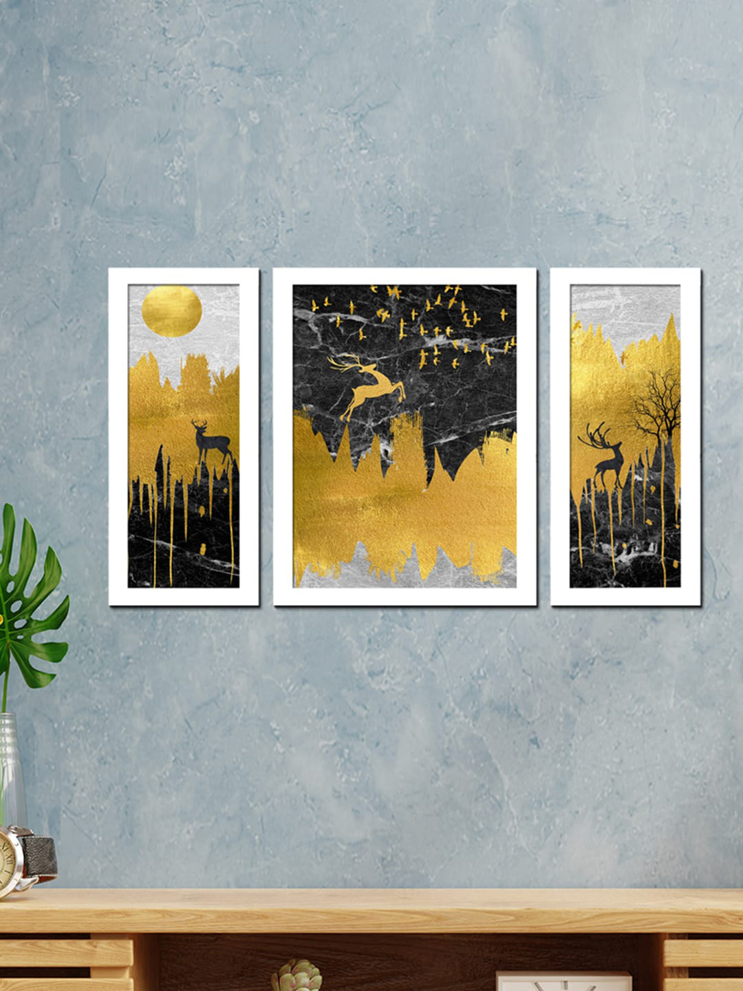 WENS Reindeer Creative Wood 3 Piece Wall Rectangle Paintings Wall Art