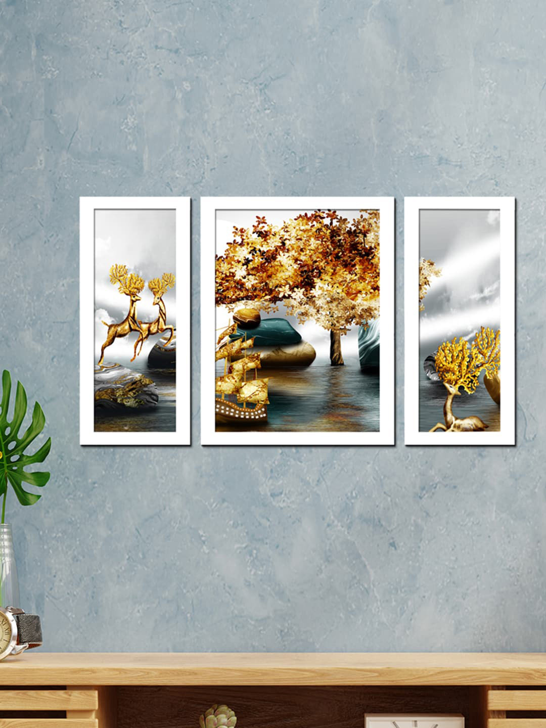 WENS Set Of 3 White Fortune Deer In Nature Printed Framed Wall Art