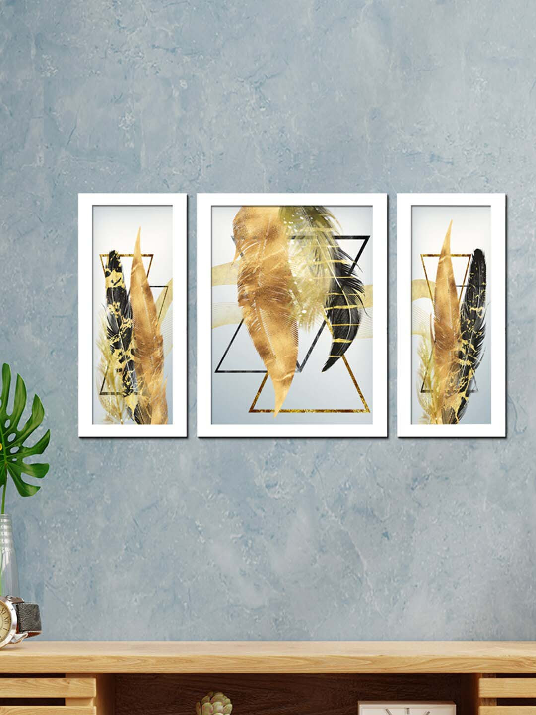 WENS Set Of 3 White & Brown Abstract Framed Wall Painting