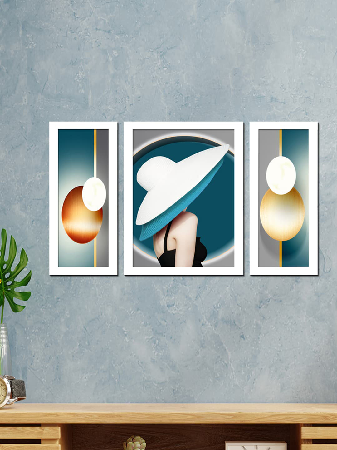 WENS Set Of 3 White & Blue Modern Fashion Girl Painting Wall Art