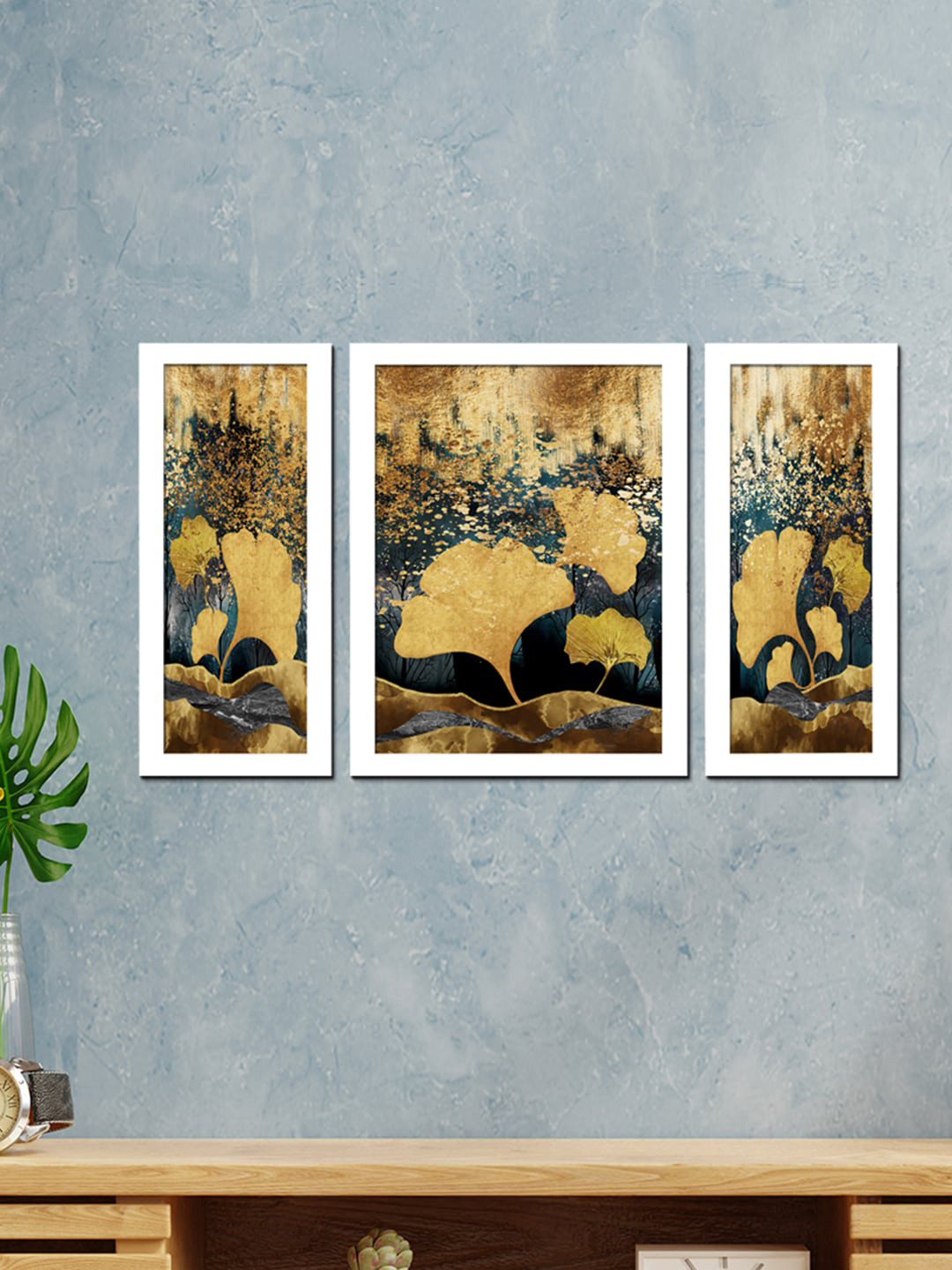 WENS Set Of 3 White & Gold Coloured Modern Floral Painting Wall Art