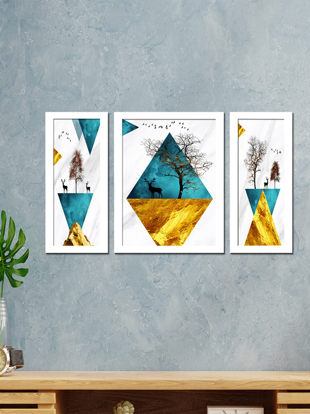 WENS Set Of 3 White Mural Modern Deer Printed Framed Wall Art