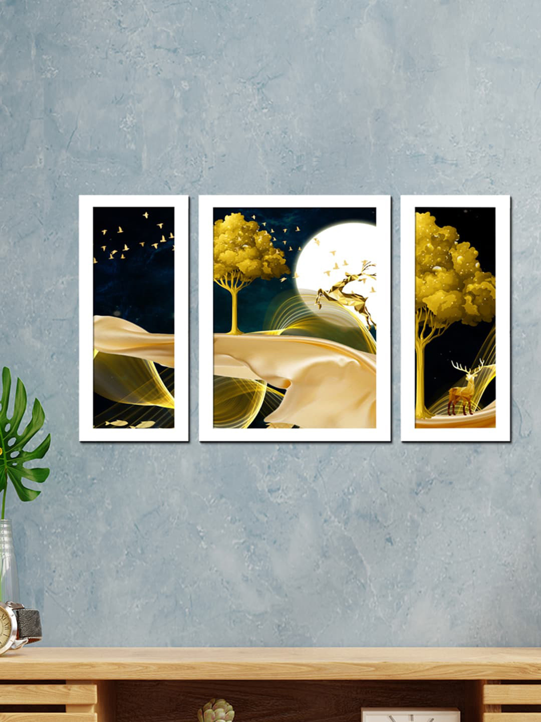 WENS Set Of 3 White & Blue Framed Wall Painting