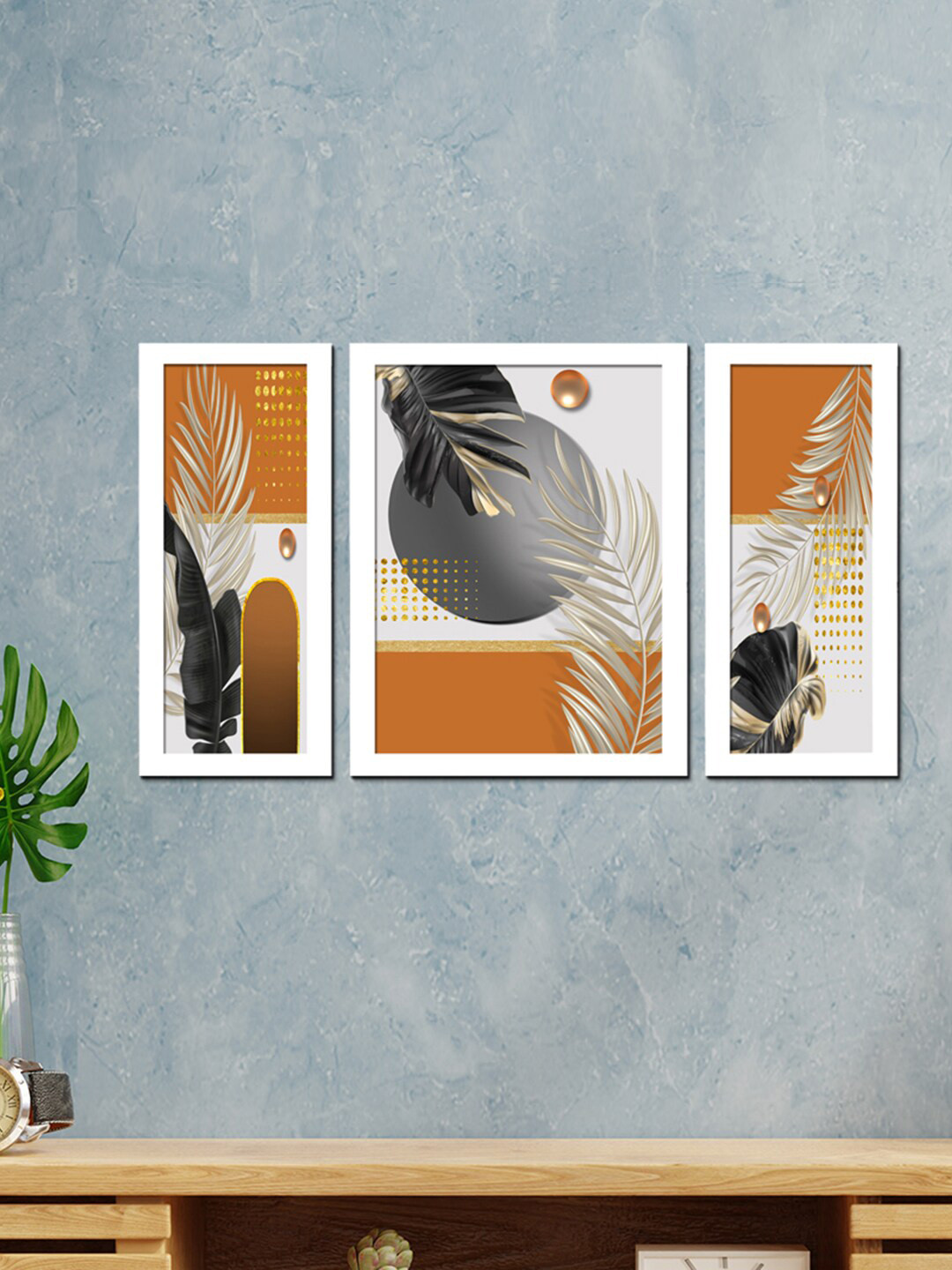 WENS Set Of 3 White & Brown Nordic Golden Leaves Painting Wall Art