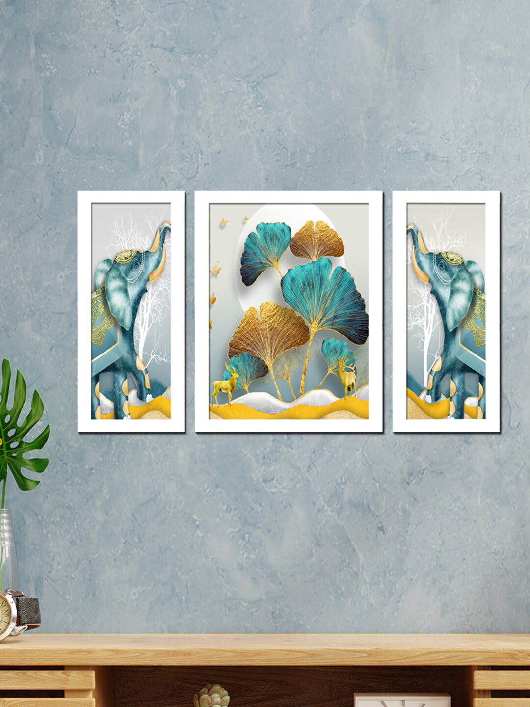 WENS Elephant Canvas 3 Pcs Wall Living Room Rectangle Paintings Wall Art -24 x 13.5In