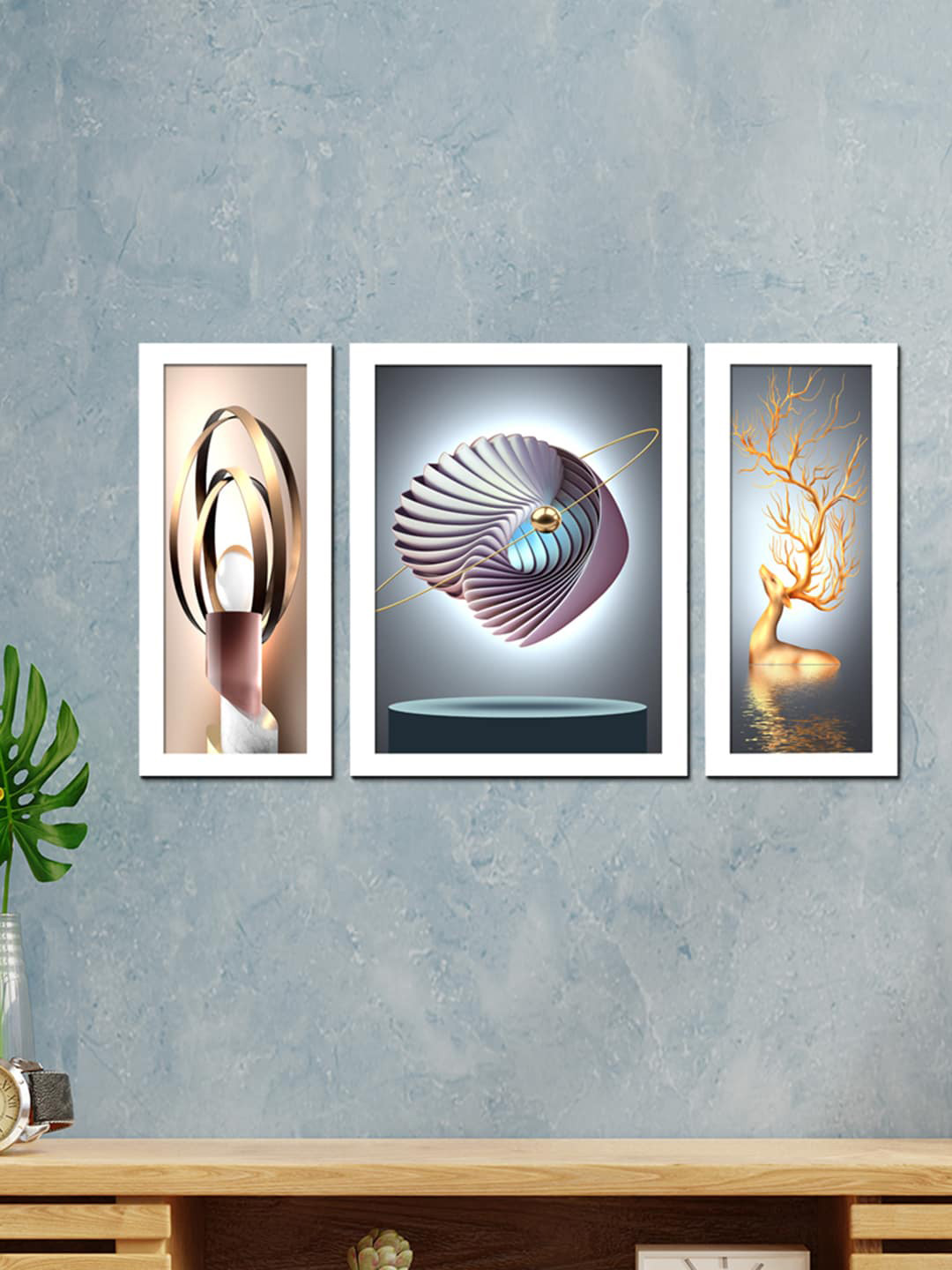 WENS Abstract Printed Wood 3 Piece Wall Rectangle Paintings Wall Art-24 x 13.5In