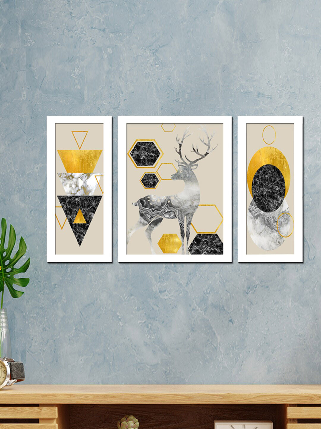 WENS 3 Pieces White & Yellow Stylish Scandinavian Printed Framed Wall Art