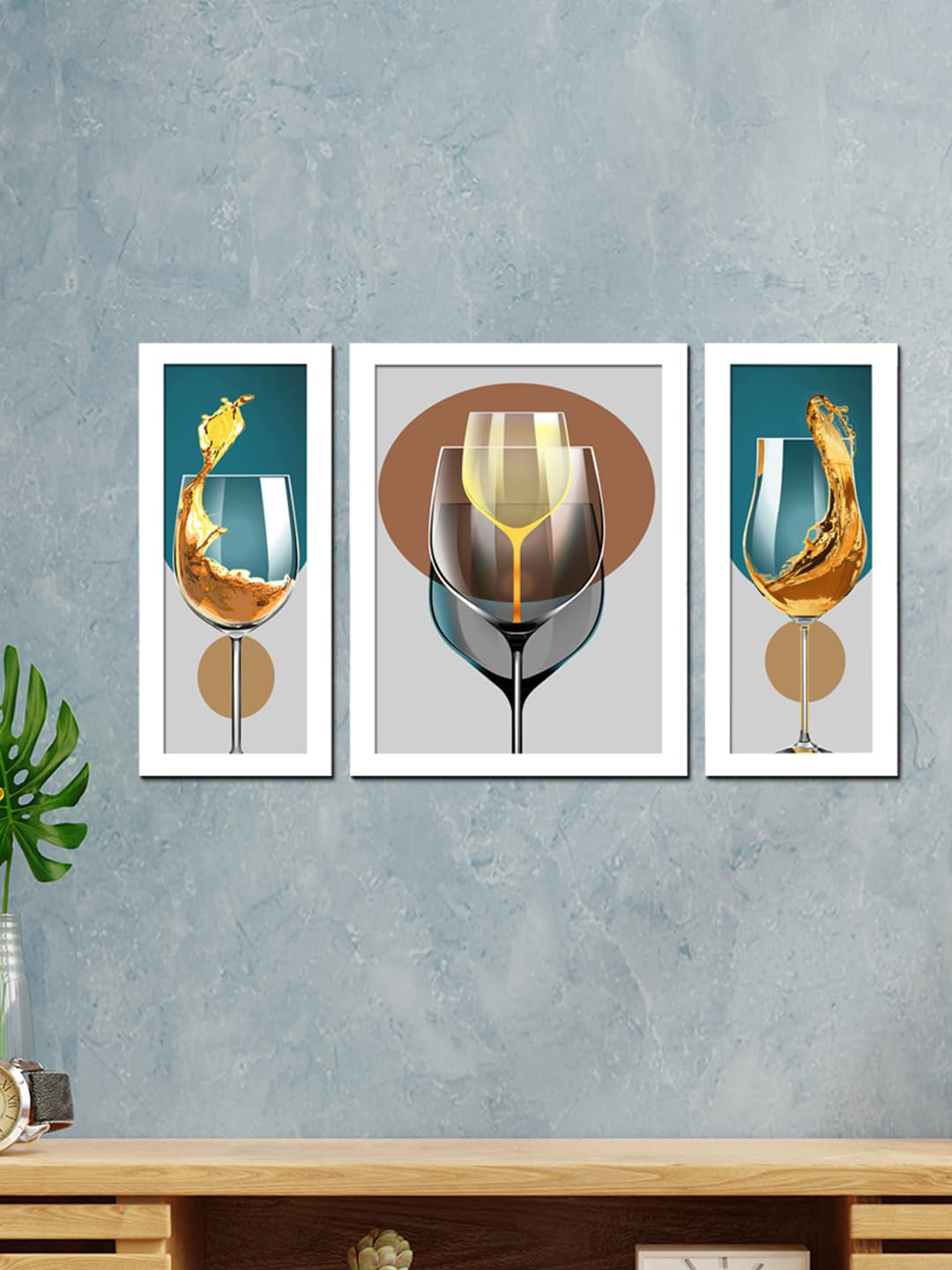 WENS 3 Pieces White & Blue Wine Glasses Modern Painting Wall Art