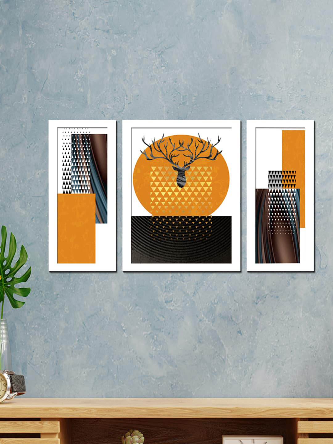 WENS 3 Piece White & Yellow Fortune Deer Boho Wall Art