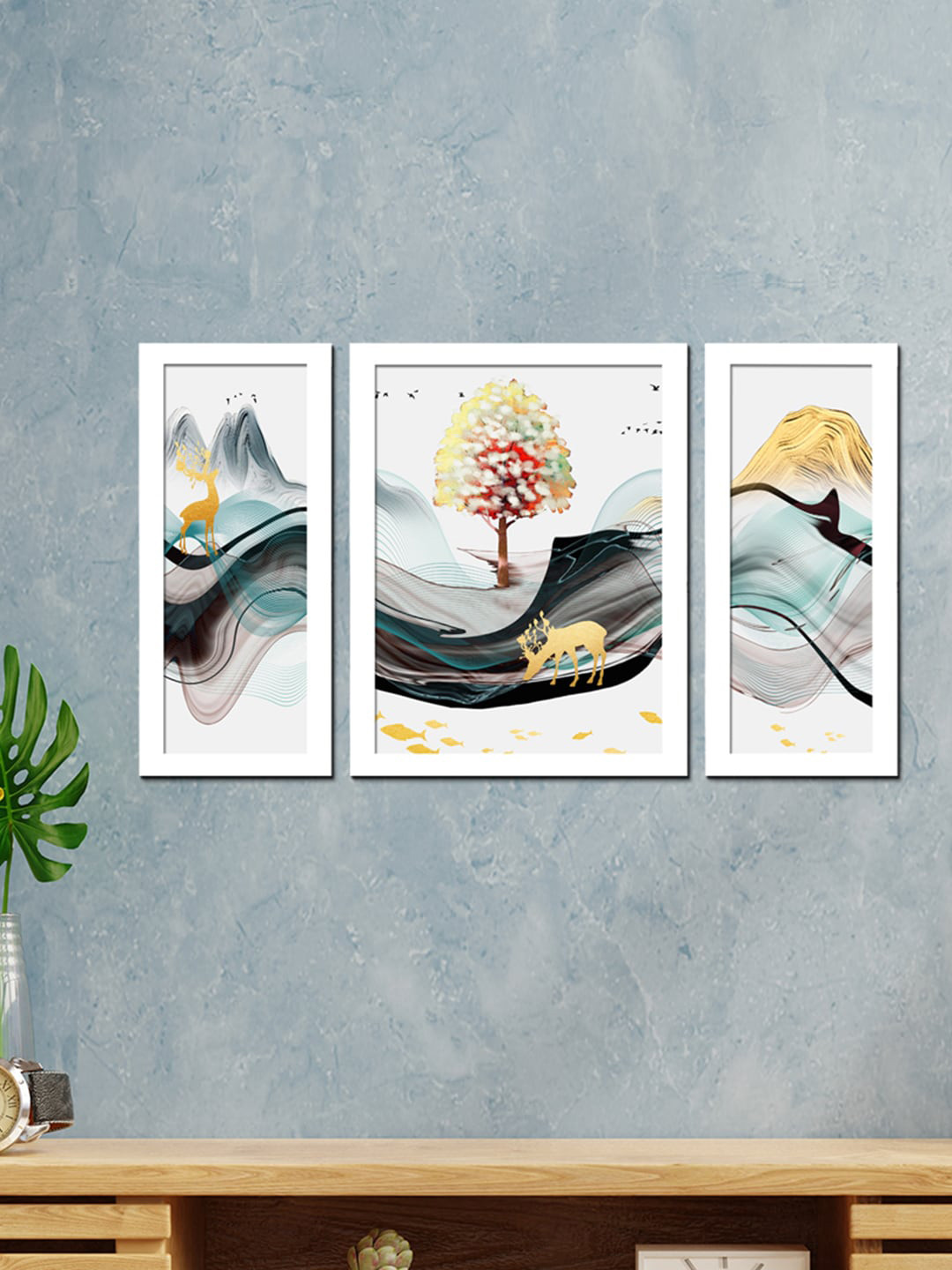 WENS 3 Pieces White & Blue Modern Nordiac Design Wall Art