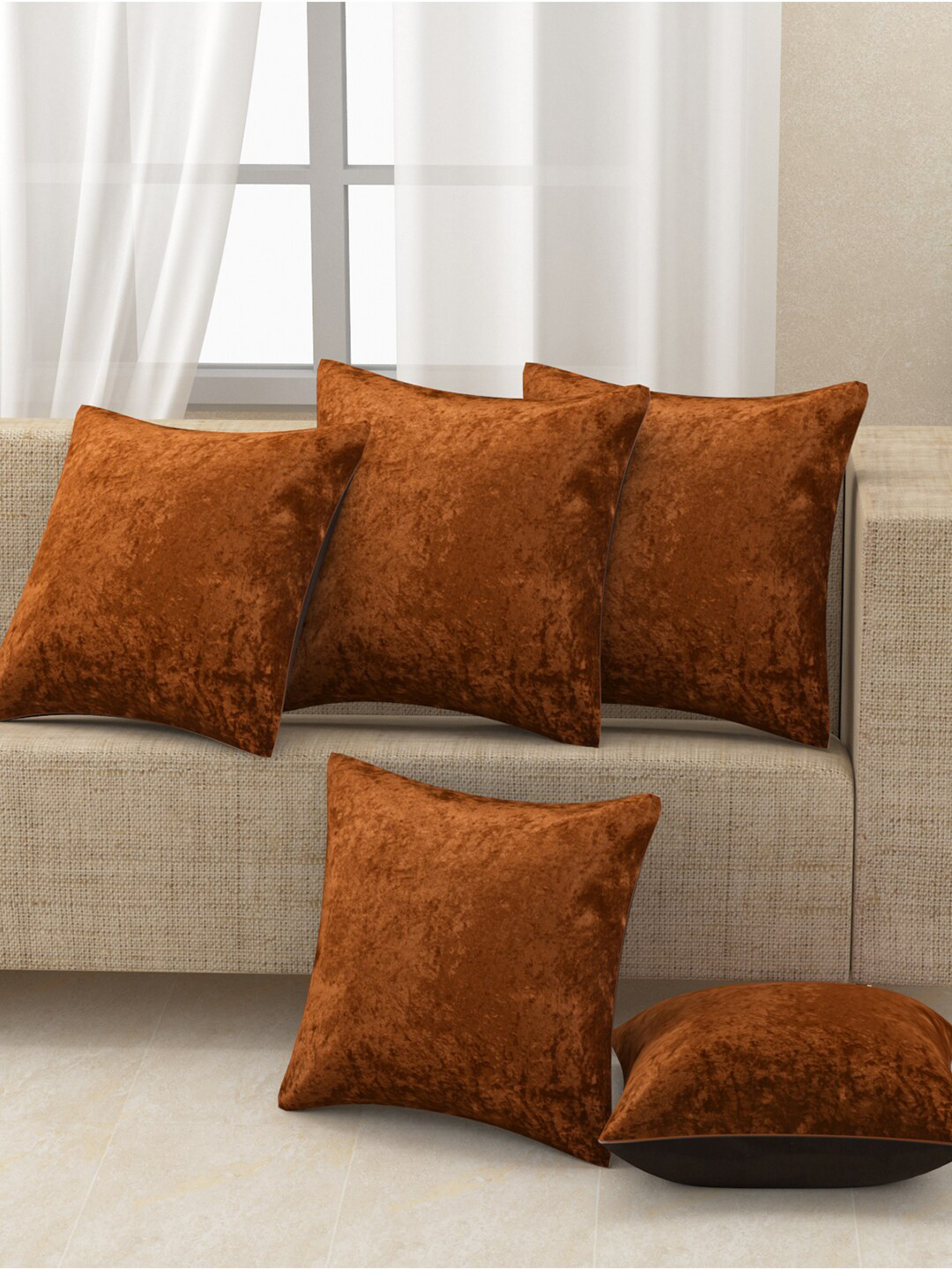 Nendle Rust Velvet Durable 5 Piece Square Cushion Covers -16x16In