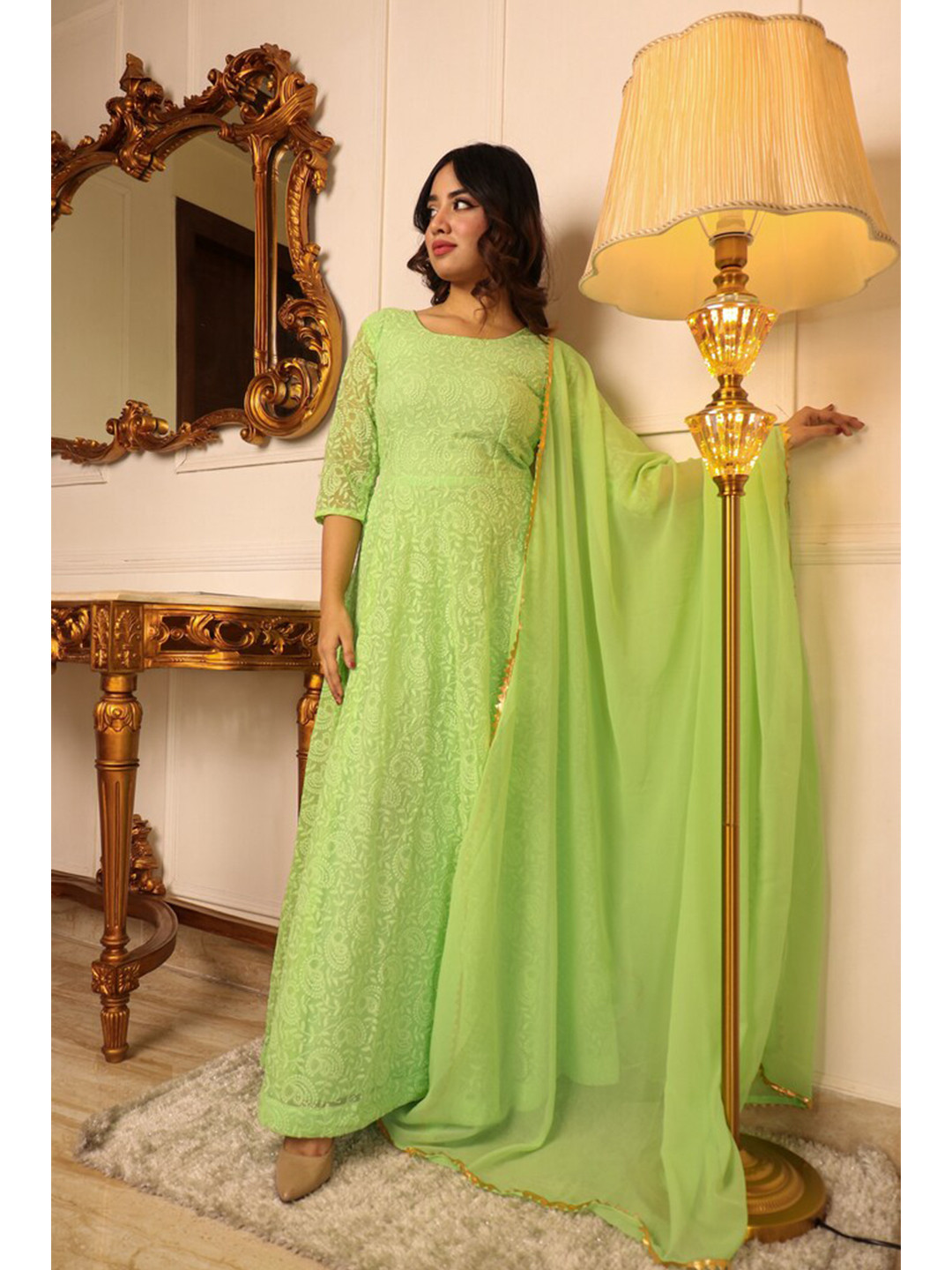 Virah Fashion Women Paisley Embroidered Pastels Georgette Anarkali Kurta With Dupatta