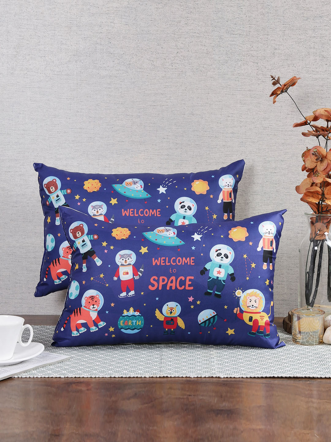 Emerald Blue and Red 2 Pcs Astronaut Printed Floor Cushions