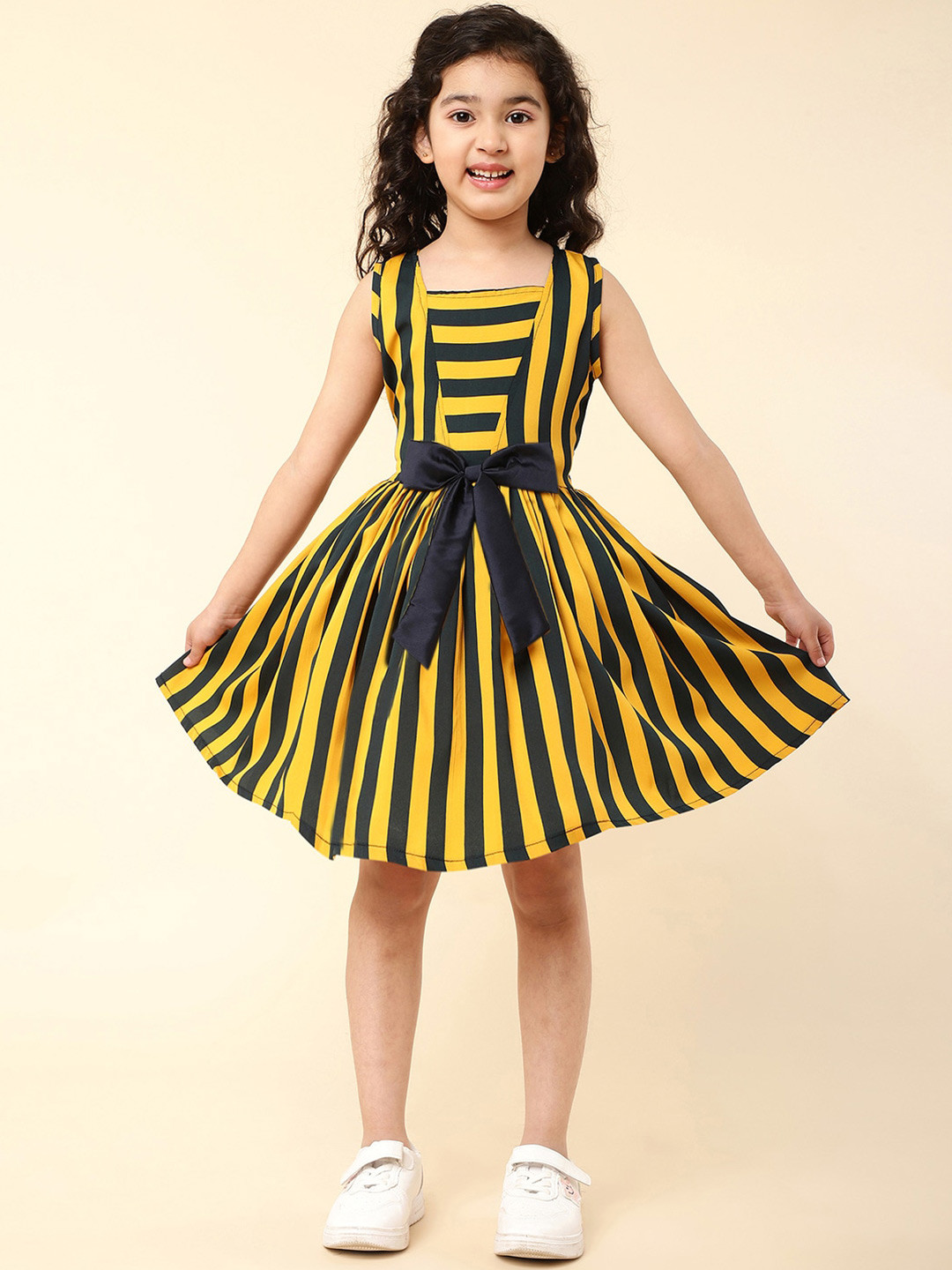 A T U N Mustard Yellow Striped Crepe Dress