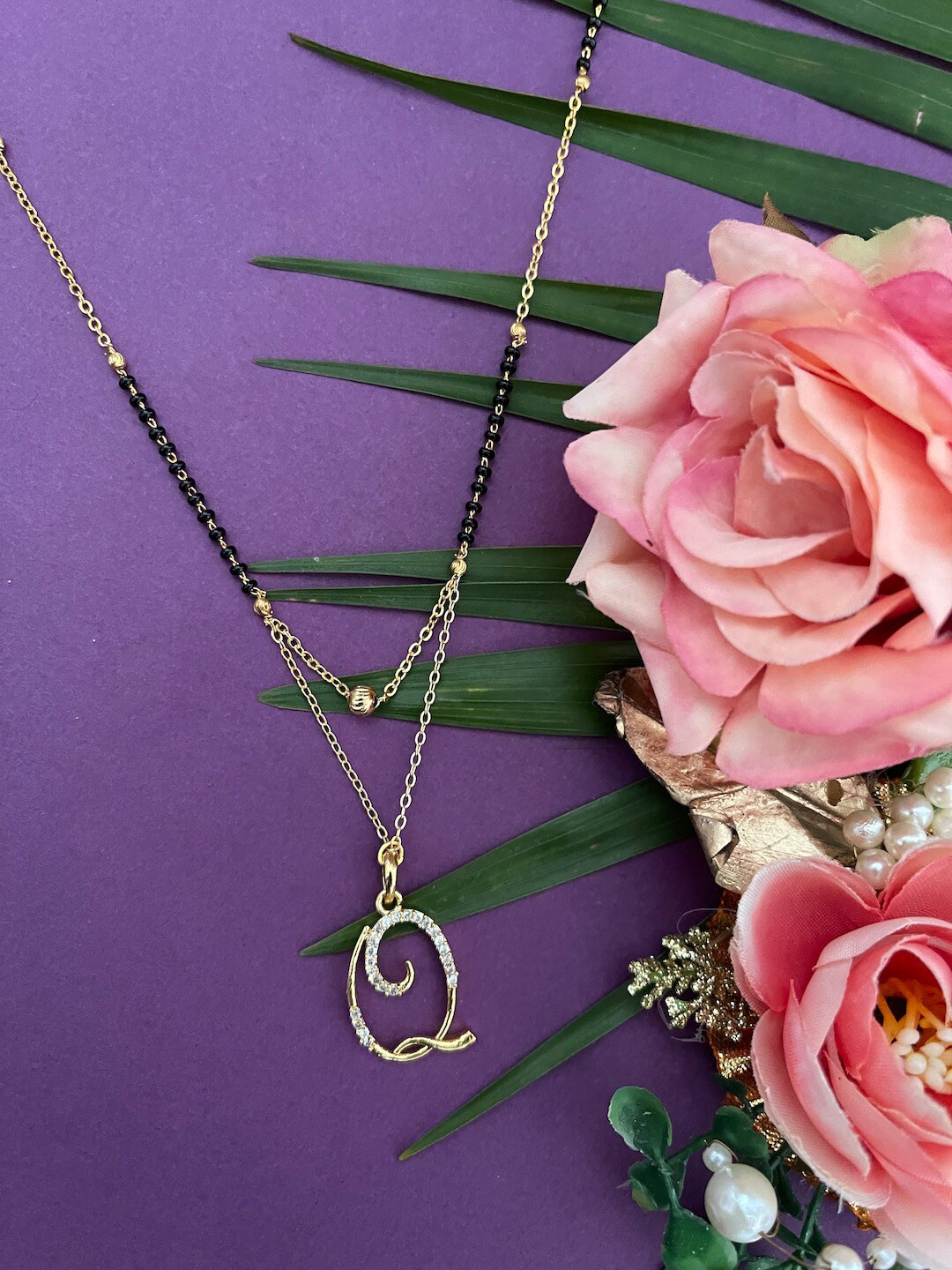 Digital Dress Room Gold-Plated Stone-Studded & Beaded Mangalsutra With Q Letter Pendant